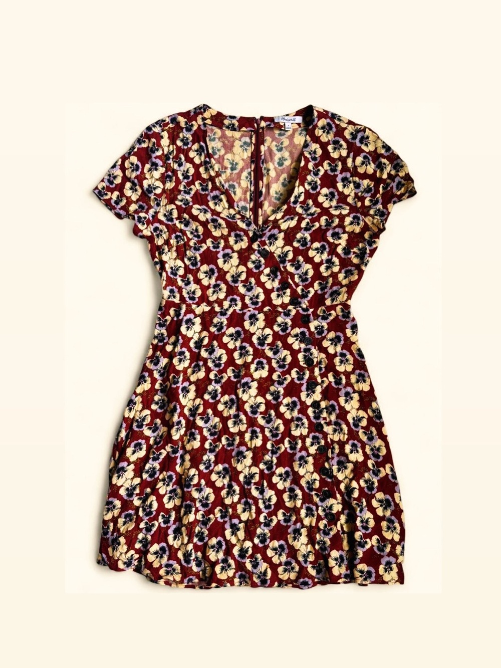 Madewell Floral V-Neck Short Sleeve Dress in Burgundy
